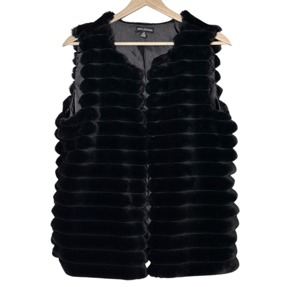 Nina Leonard Faux Fur Quilted Black Vest Size M Plush party